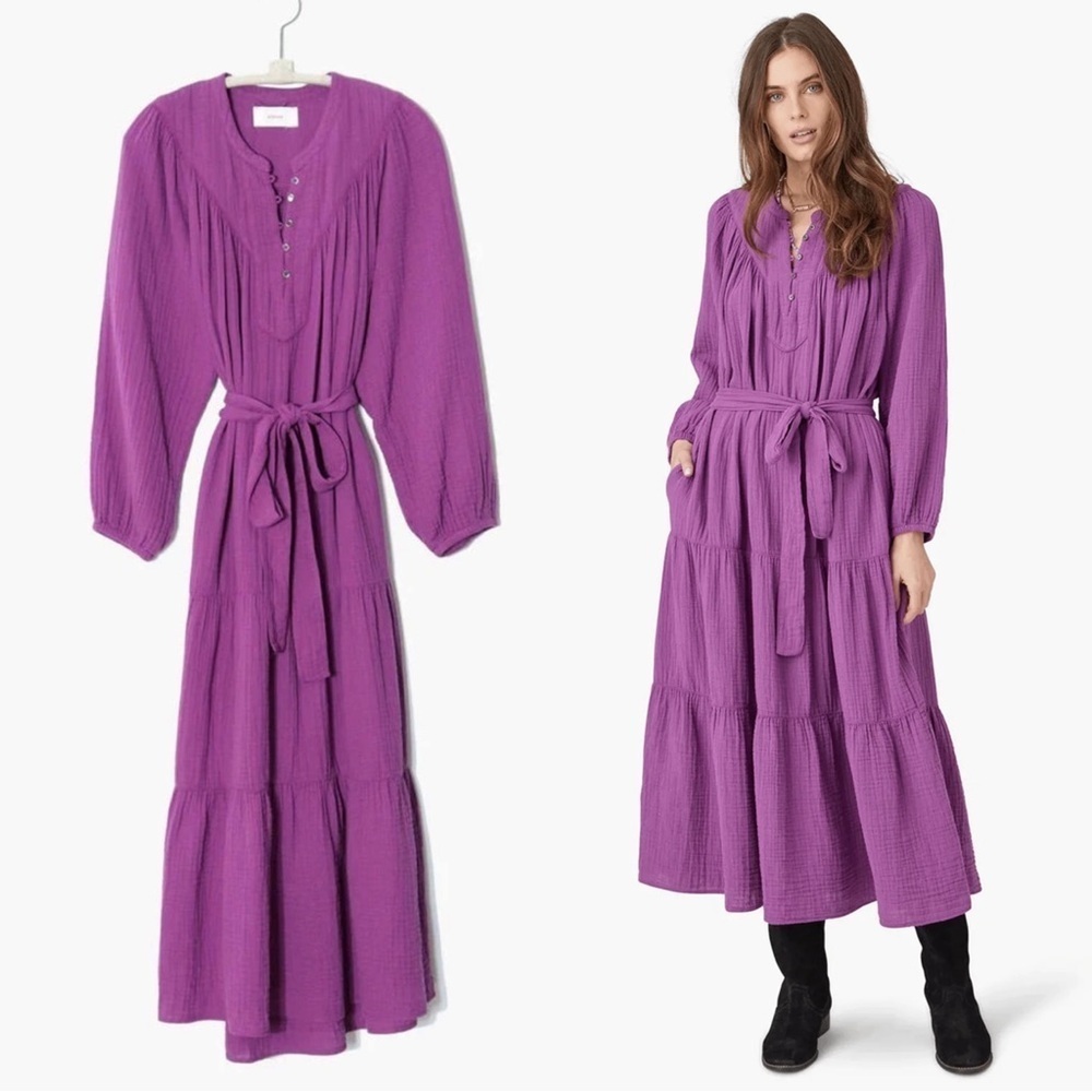 Xirena • Wrenn Dress midi tiered Heliotrope purple cotton gauze boho peasant